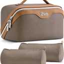 BOYATU Travel Makeup Bag Organizer Cosmetic Bag: 3 Pcs Set Make up Bags for Women with Handle - Waterproof Vegan Leather Toiletry Bags Travel Essentials Pouch with Compartments (A-02-Grey)