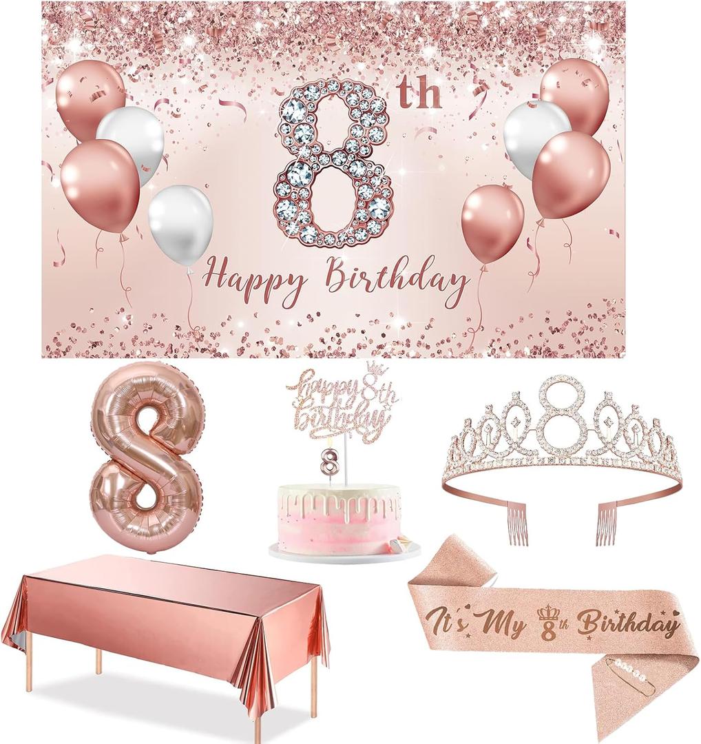 Trgowaul 8th Birthday Decorations - Rose Gold Party Set for Girls, Includes Banner, Tablecloth, Sash, Tiara & Cake Topper, Pink Gold 8 Number Balloons