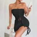 Yeshire Two Piece Skirt Set for Women Sexy Strapless Drawstring Club Outfits Going Out Crop Tops Mini Cutout Dresses (Black, L)