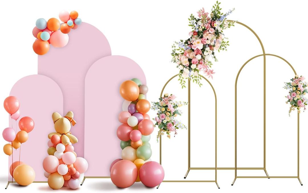 Arch Backdrop Stand and Cover Set, 3 Metal Balloon Arch Backdrop 4ft 5ft 6ft, Gold Arched Stand Frame for Wedding, Parties,Birthday, Event Decorations (Pale Pink,4ft+5ft+6ft)
