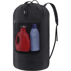 F-color Laundry Bag Backpack Heavy Duty - Large Capacity Laundry Backpack with Comfort Straps, Mesh and Zip Pocket, Sturdy Hamper Bag for Dorm, College, Travel, Laundromat, Apartment, 75L Black