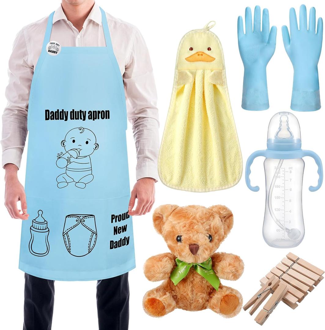 7 Pcs Daddy Duty Apron for New Dad Funny Diaper Apron for Baby Shower First Daddy to Be Father's Day Gift(Blue,Classic)