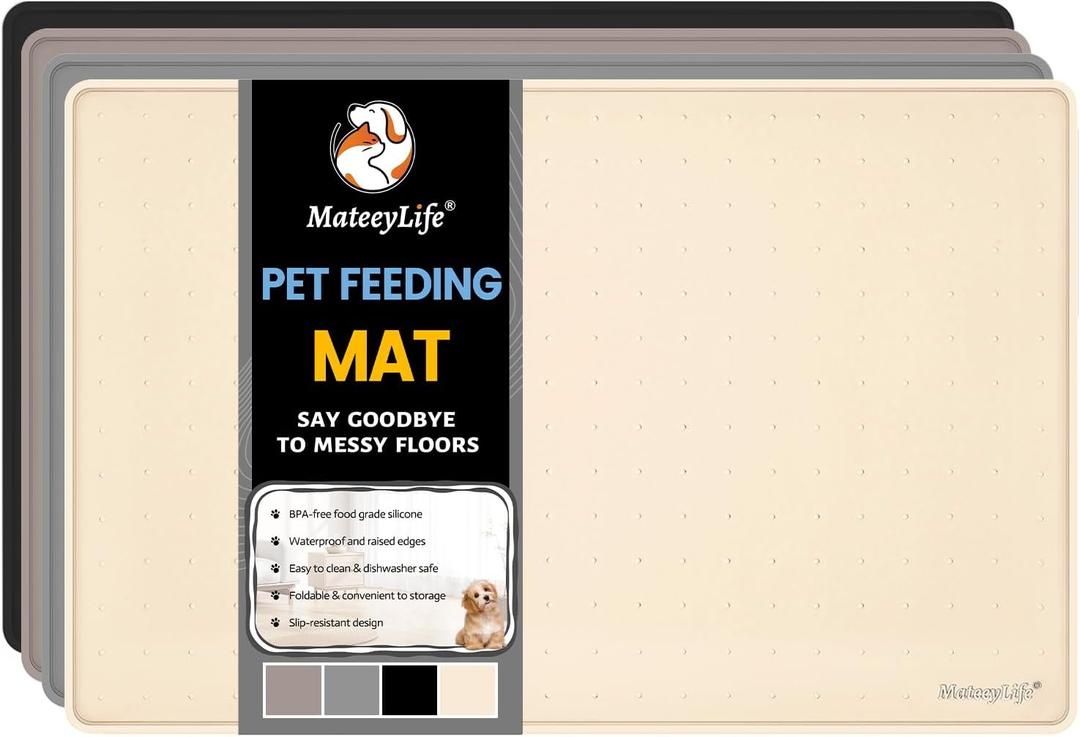 MateeyLife Dog & Cat Food Mat for Floors Waterproof, Nonslip Pets Bowl Mats for Dining and Drinking, Dogs Feeding Mats with Raised Edges, Silicone Cats Matt Tray for Messy Drinkers, 24"x16", Beige