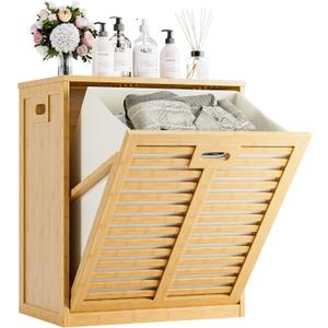 HITNET Tilt Out Laundry Hamper, Bamboo Laundry Cabinet with Hidden Removable Basket, Freestanding Clothes Storage organizer for Bedroom, Bathroom, Living Room, Natural, 21.26" L 13.78" W 25.2" H