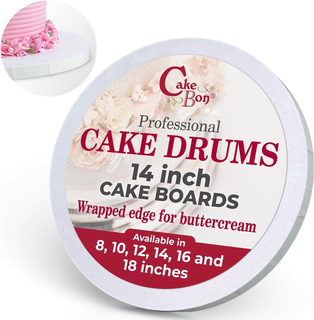 Cakebon Round Cake Boards - Sturdy 1/2 Thick Cake Drums - 14 Inch Professional Base Para Pastel Fully Wrapped Edges White 12-Pack