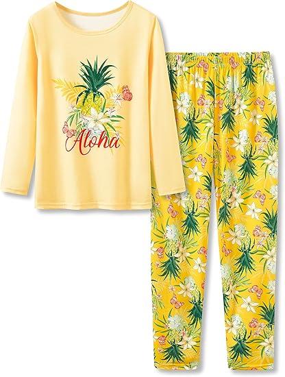 Beezizac Girls Yellow Pineapple Pajamas 2-Piece Long Sleeve & Pants PJ Set Cute Winter Jammies, Size 12