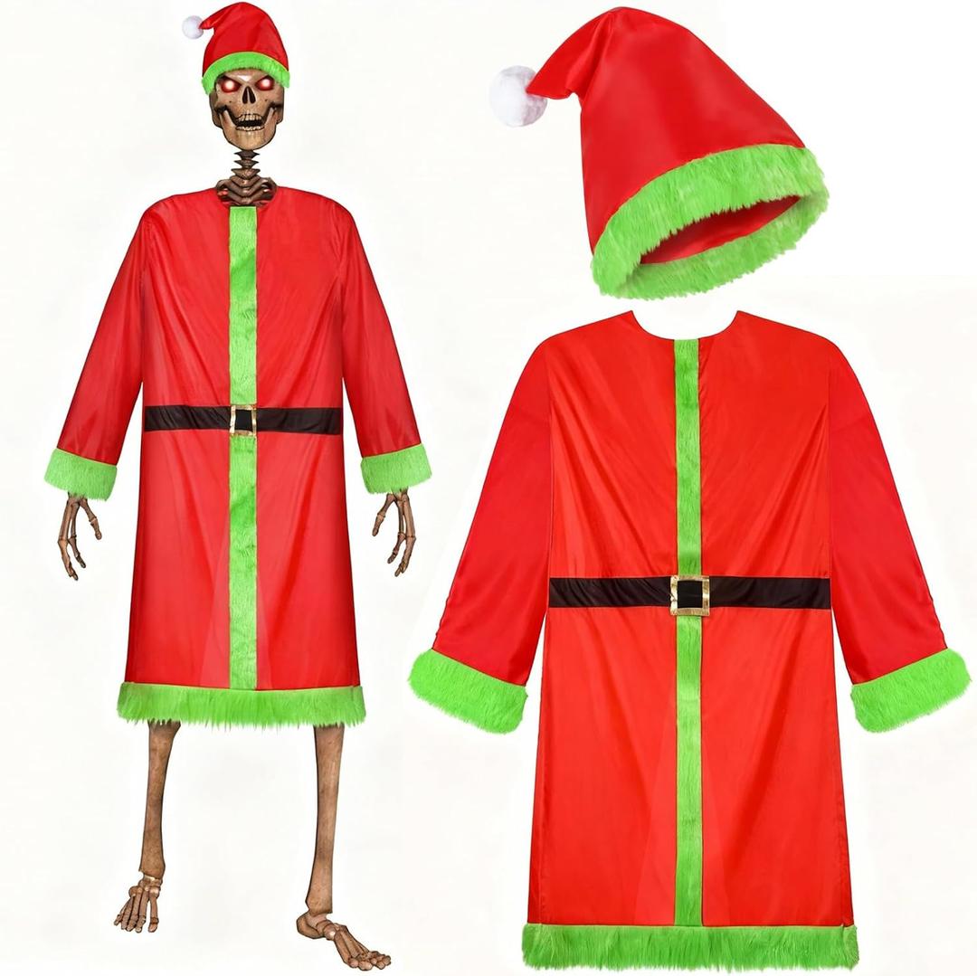 Mumucove 2 Pcs 12 ft Skeleton Clothes Accessories Set Giant Santa Claus Suit Outfit Extra Large Green Furry Hat Santa Coat and Shorts for 12 ft Skeleton Christmas Decorations Outdoor Garden Lawn