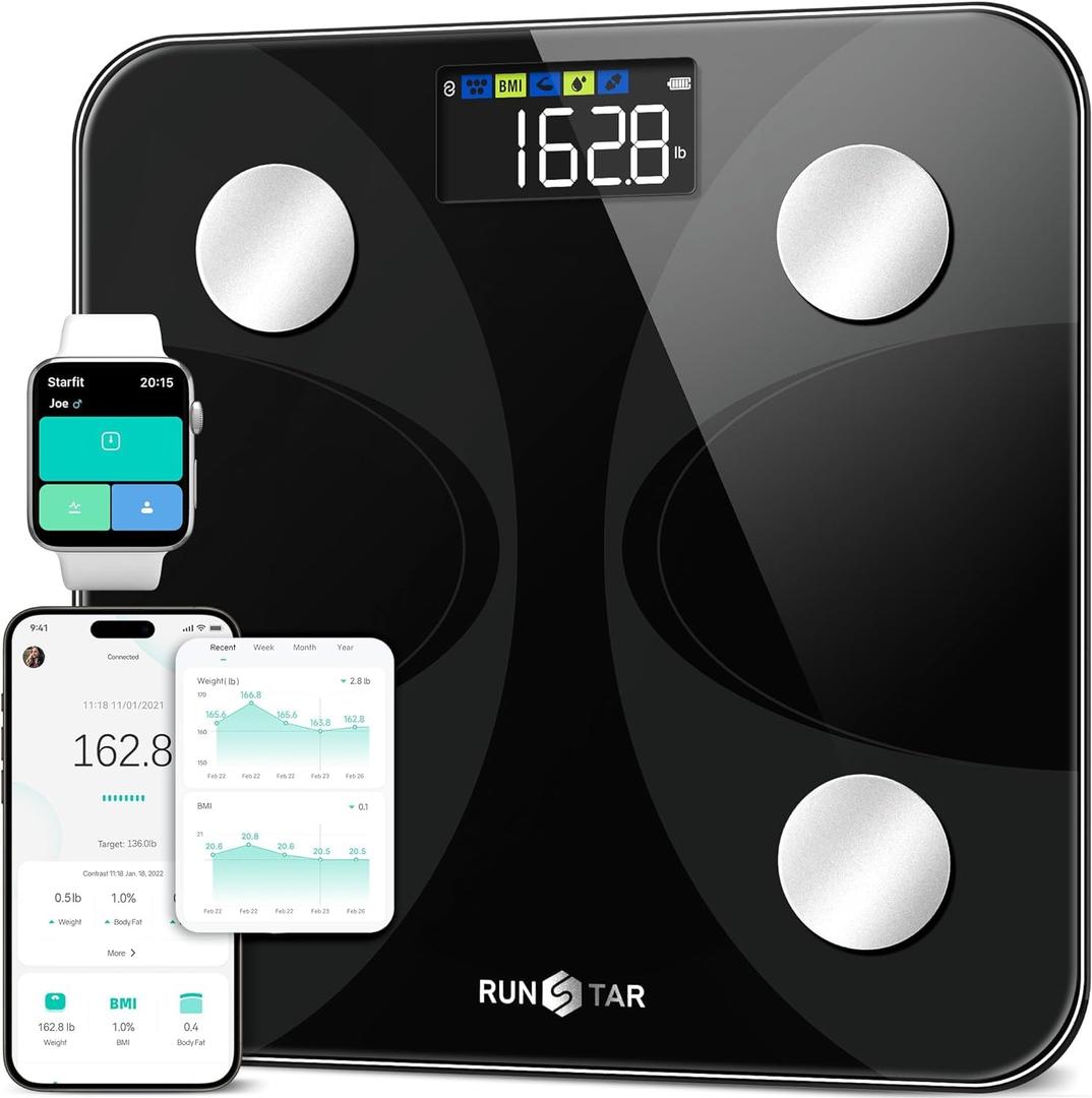 Scale for Body Weight and Fat Percentage, RunSTAR Digital Accurate Bathroom Smart Scale with Large Display, FSA&HSA Eligible 13 Body Composition Analyzer Sync App (11"/280mm, Black)