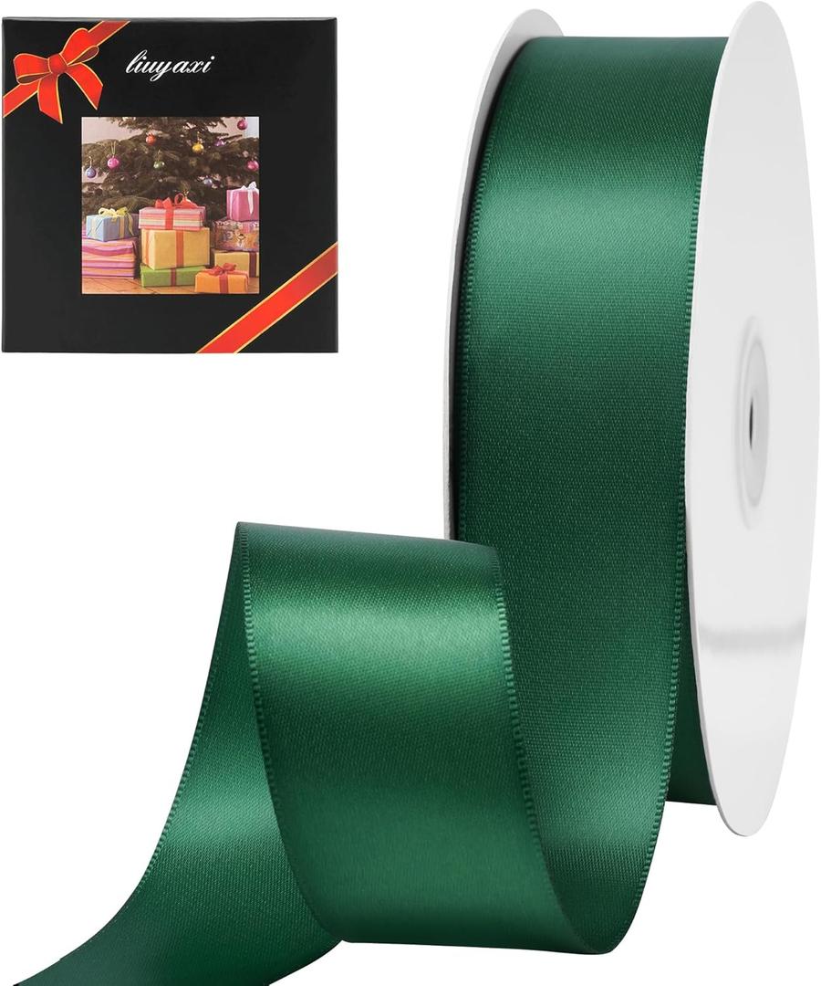 LIUYAXI Double Faced Forest Green Stain Ribbon, 1-1/2" X 50 Yards, Use for Gift Wrapping, Flower Bouquets, Bows Making, Wedding Decoration, Christmas
