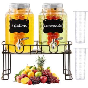 1 Gallon Glass Beverage Dispenser -Set of 2, Drink Dispenser with Stand & Fruit Infuser, Stainless Steel Spigot - Glass Drink Dispensers for Parties, Drink Dispensers with Lids for Lemonade Sun Tea