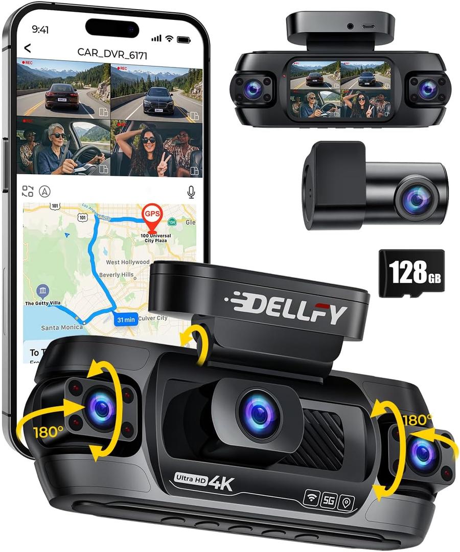 4 Channel Dash Cam, 4K Front Rear and Inside Dash Camera for Cars, 360 View, Free 128GB Card Included, 5GHz WiFi, GPS, APP Control, 24/7 Parking Mode, 8 IR Night Vision Lights, G-Sensor