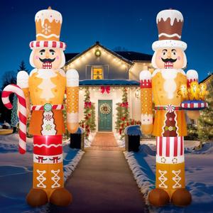 OurWarm 2 Pcs 8FT Merry Christmas Inflatable Outdoor Decoration, Inflatable Nutcracker Christmas Decor with Built-in LEDs & 3 Small Gingerbread, Christmas Blow Up Yard Decorations for Xmas Porch Lawn
