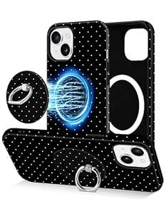 Jusy Compatible with Magsafe Polka Dot Phone Case for iPhone 13/ 14, Cute Aesthetic Magnetic Ring Holder Stand Case, Soft TPU and Hard PC Protective Phone Cover for Women Girls - Black Polka Dot