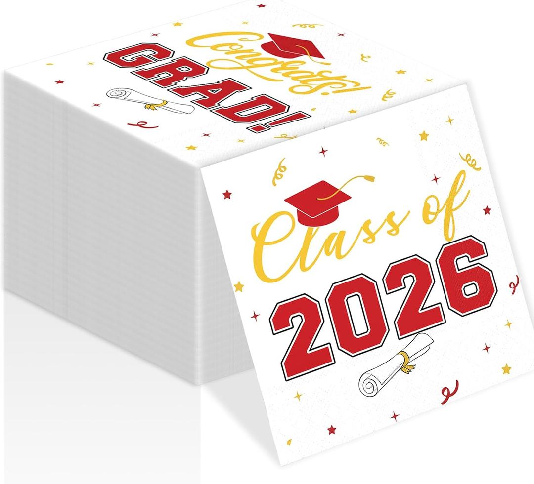 Class of 2026 Graduation Napkins, 3-Ply Disposable Congrats Grad Paper Napkins for Dinner and Cocktail Party Decorations, School and College, 6.5-Inch Square (100, Red)