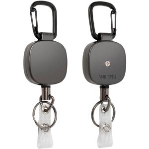 Will Well ID Badge Holder Reel with Clip and Keyring - Heavy-Duty All-Metal Casing with 27.5"UHMWPE Fiber Pull Cord for Durability and Easy Access, Holds up to 8 Keys - 2-Pack, Square, Matte Black