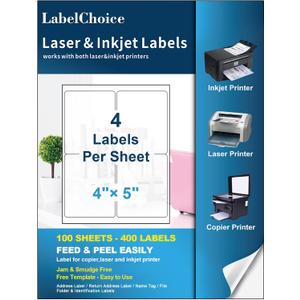 100 Sheets 400 Pcs 4"x5" 4 Up Shipping Address Labels for Laser & Inkjet Printers, Permanent Adhesive 4 per Page Shipping Labels, 4 to a Page Labels, 4 Stickers per Sheet