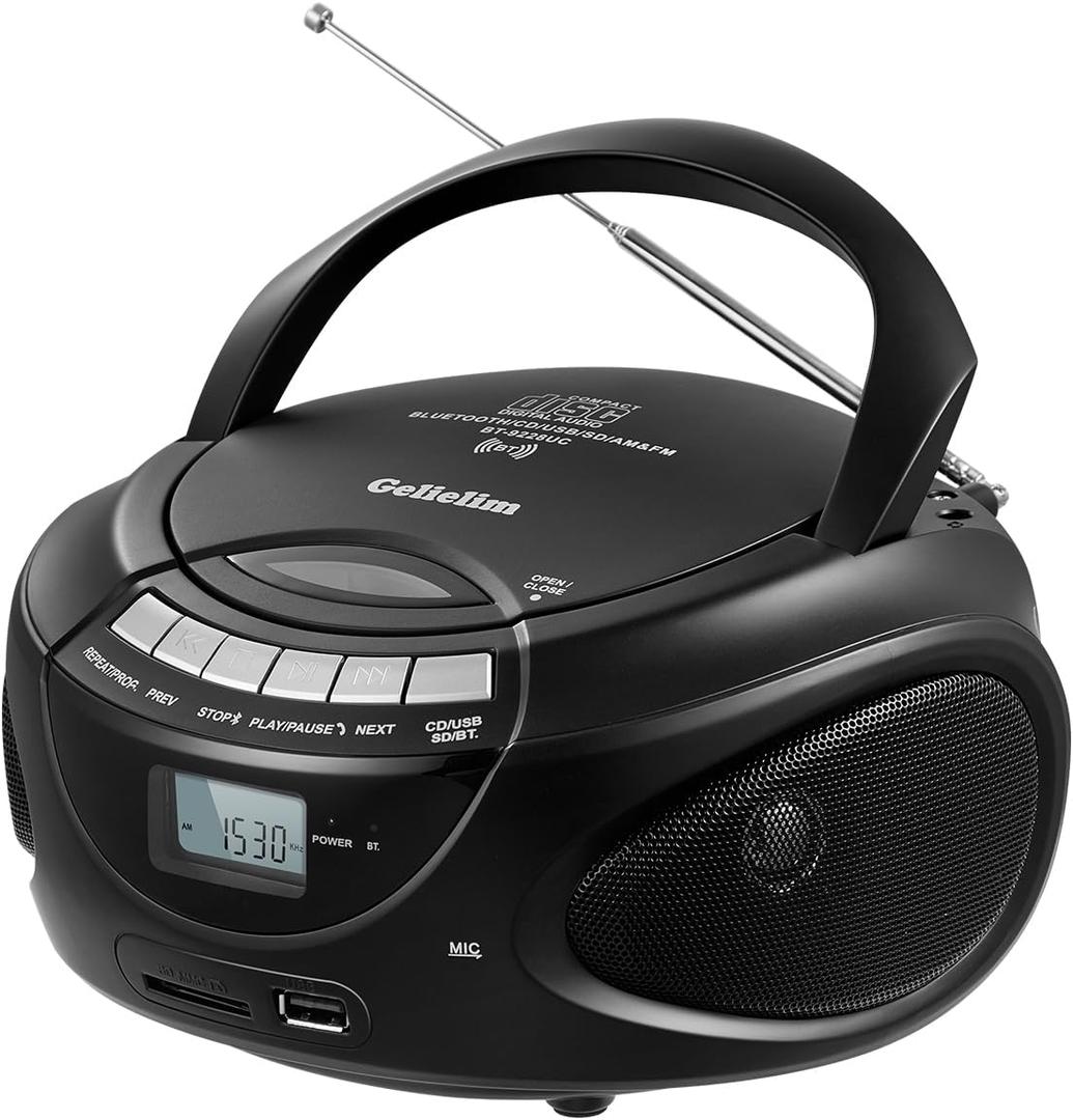 Gelielim Portable CD Players for Home, CD Boombox with AM/FM Stereo Radio, Bluetooth, USB, SD Card, MMC Drive, Aux-in, Headphone Jack,LCD Display, Boom Box CD Player AC/Battery Operated Black