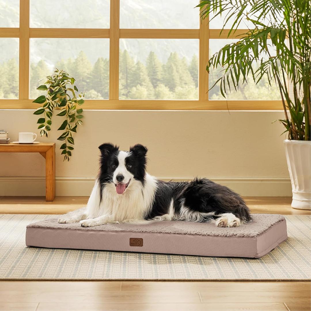 Bedsure Dog Beds Large Sized Dog - Comfy Flat Pet Beds with Removable Washable Cover, Orthopedic Egg Crate Foam Puppy Mat, Suitable for Pet Up to 65 lbs (36"L x 27"W x 3"Th, Light Brown)