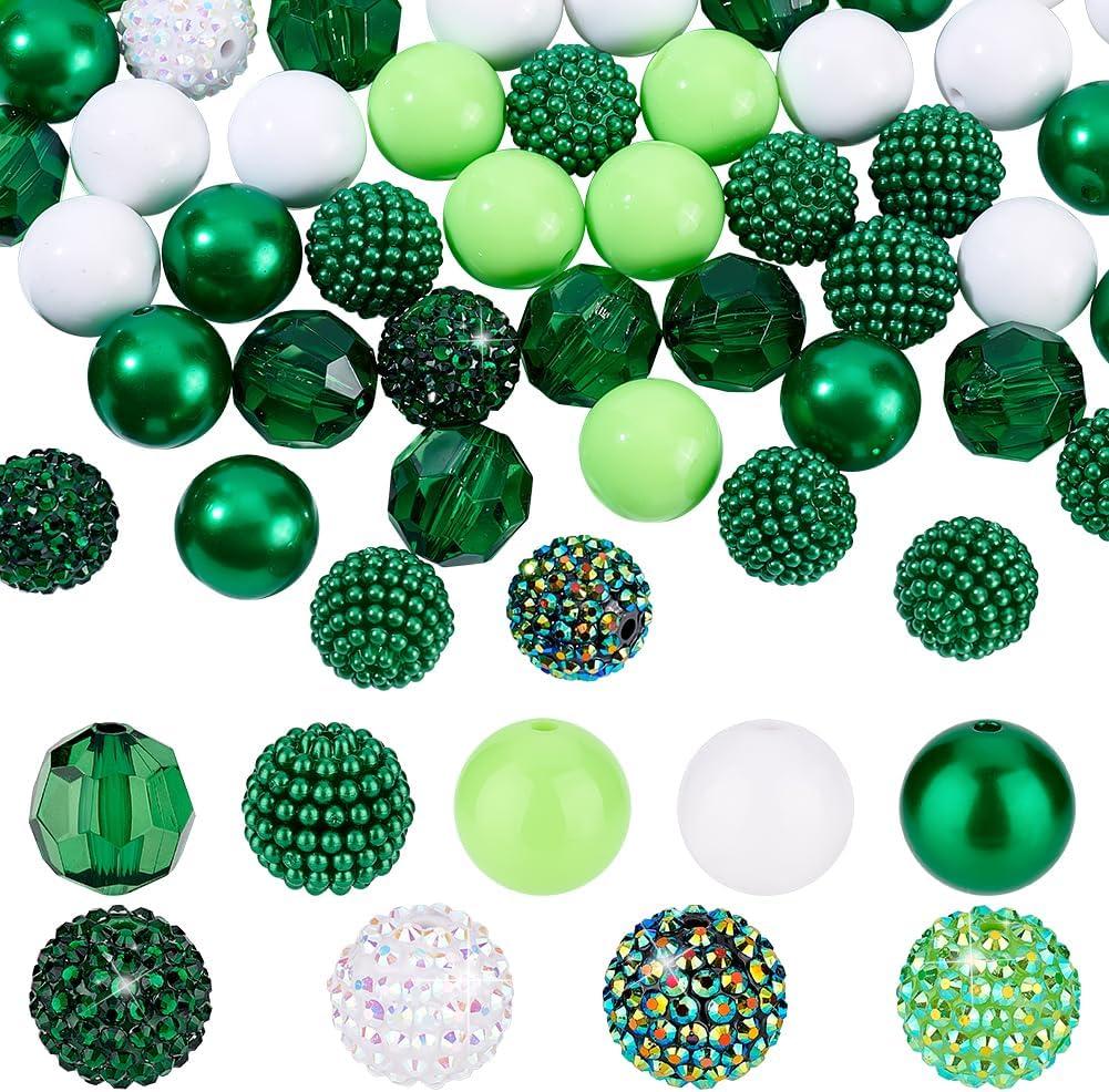 PH PandaHall 58pcs Green Bubblegum Beads, 20mm Acrylic Chunk Beads Focal Bead 9 Style Pen Bead for Spring Necklace Bracelet Keychain Jewelry Making Holiday