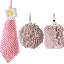 3-Pack Animal Chenille Towels - Kitchen, Bathroom Hand Towels with Loops, Quick-Dry Absorbent (Light Pink)