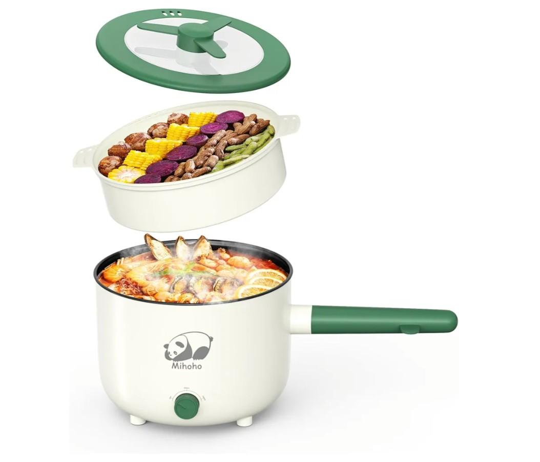 Electric Hot Pot with Steamer, Portable Nonstick Frying Pan with Dual Power Control, Electric Shabu Shabu Cooker for Noodle, Oatmeal, Pasta, Ramen, 1.5L (Green D)