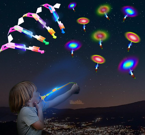 WELLVO 30 Pack Rocket Helicopter with LED Lights 30 Launchers + 30 Glow Rocket Helicopters Glow in The Dark Party Supplies Flying Outdoor Toys Party Favors for Kids 4-12