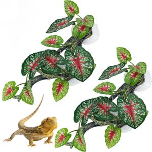 kathson 2 PCS Reptile Corner Branch Resin Snake Climbing Accessories with Leaves Terrarium Plant Decoration with Suction Cup Lizard Plant Ornament for Frog Bearded Dragon Gecko Spider Climbing (Green With Red)