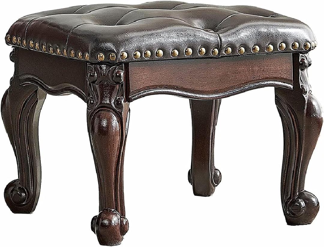 Footstool and Ottomans Small Foot Stool with Fiber Leather Wooden Foot Rest Upholstered Footrest for Living Room Bedroom (Dark-Brown), 15"D x 12"W x 12"H
