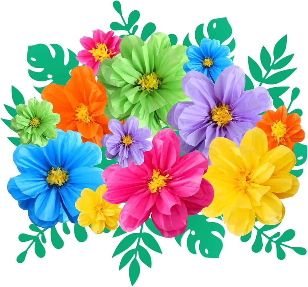 Geyee 12 Pcs 10" 20" Giant Mexican Fiesta Paper Flowers and 16 Pcs Leaves, Large Colorful Tissue Crepe Flowers Pom Poms Craft for Floral Backdrop Easter Wedding Birthday Party Decor(Cute Color)