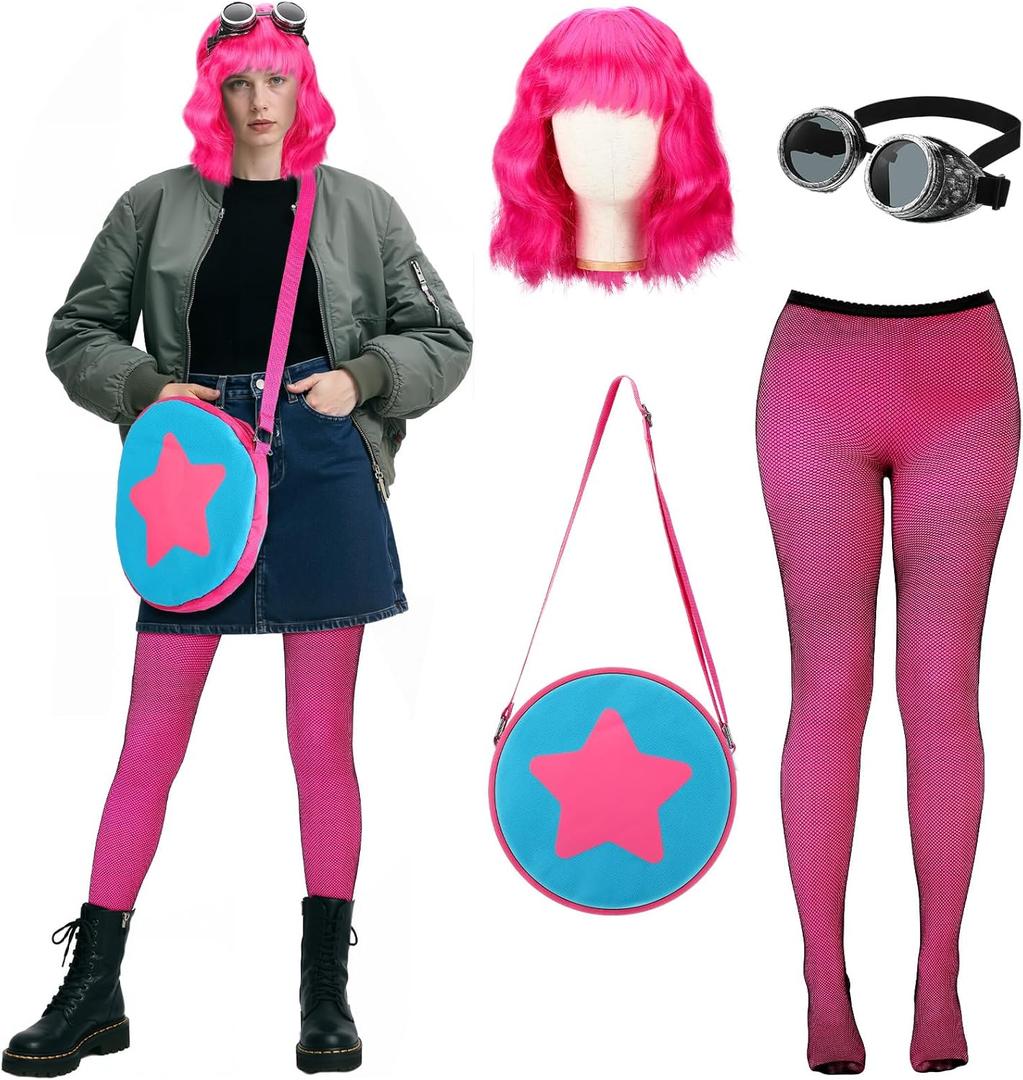 5 Pcs Halloween Punk Anime Costume for Women Girls Set Pink Wig and Pantyhose Punk Glasses Shoulder Bag Black Fishnet Stockings Halloween Dimensional Traveler Cosplay