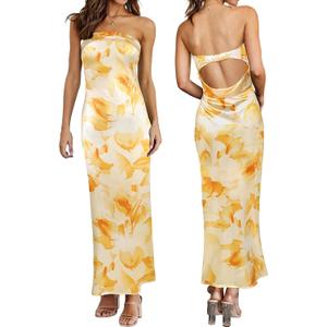 Women's Sexy Satin Tube Maxi Dress Elegant Silk Strapless Open Back Party Cocktail Wedding Guest Formal Long Dresses