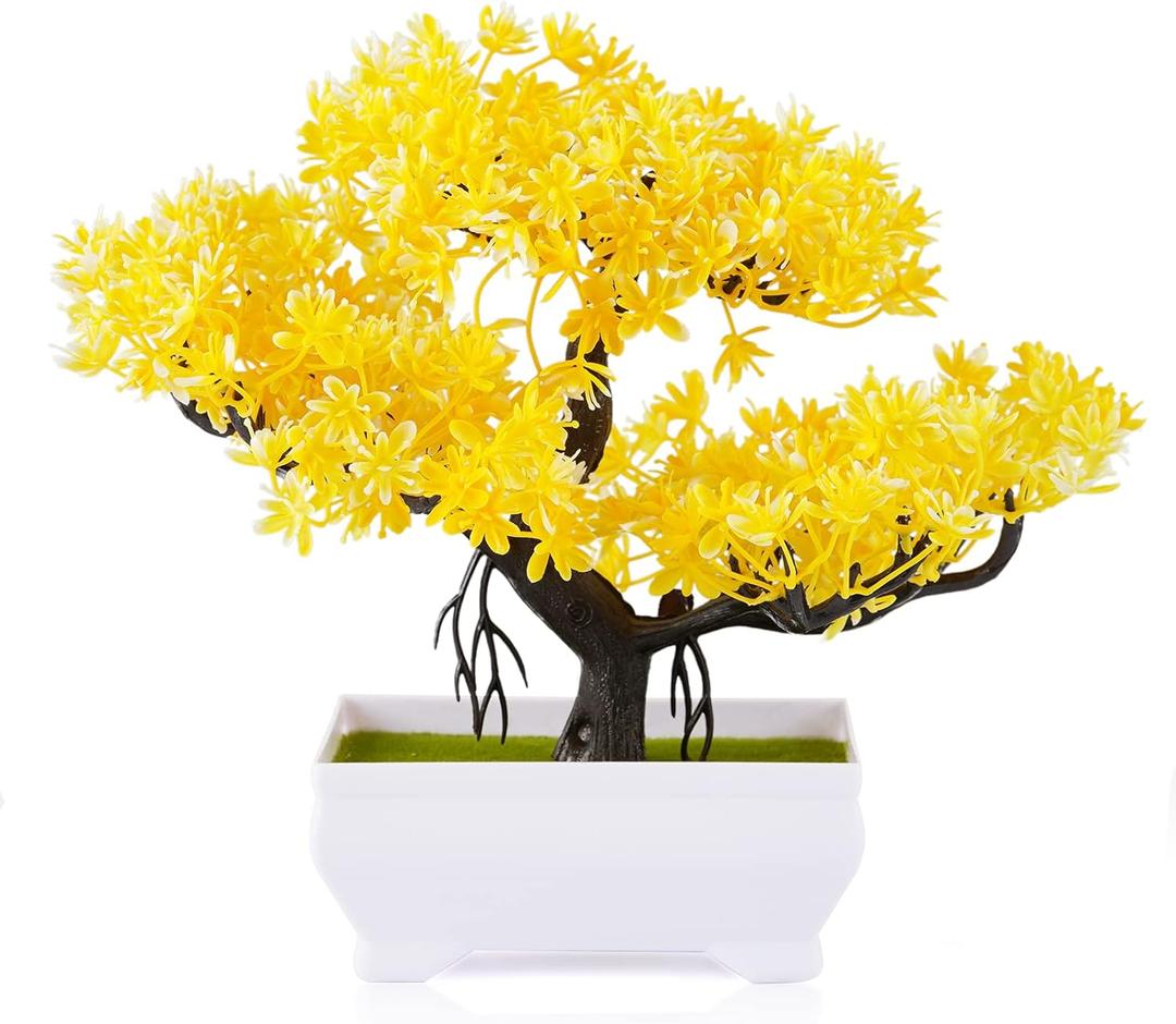 Mini Artificial Bonsai Tree Plants with Plastic Cement Pots for Home Office Dcor (Yellow)