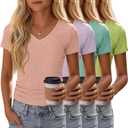 4 Pack Girls Short Sleeve Shirts Ribbed V Neck Tops Fitted Kids Soft Basic Tees Summer