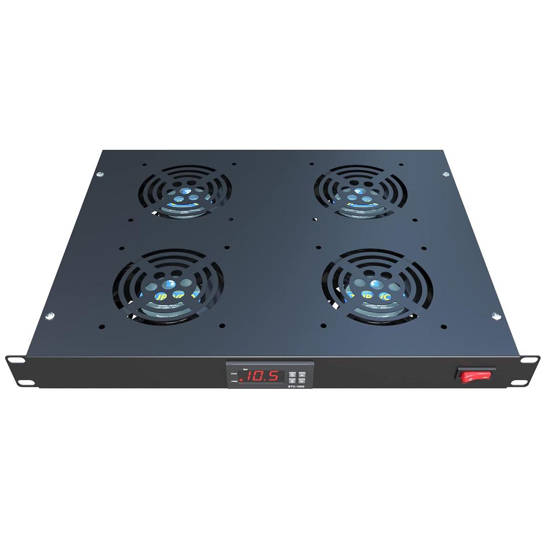Rack Mount Fan - 4 Fans Server Cooling System - 1U 19" Rackmount Cabinet Panel w/Adjustable Temperature Control (Heat Monitor - Digital Display) Alarm Sensor (Overheat Air Flow Exhaust) Tupavco TP1701