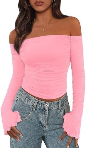 PRETTYGARDEN Fall Tops for Women 2025 Trendy Long Sleeve Crop Mesh Slim Fit Y2K Cute Shirts Going Out Off The Shoulder Top L