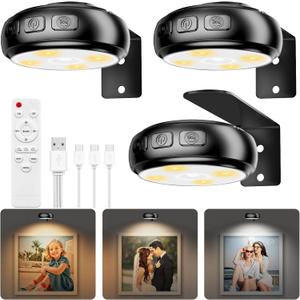 3 Pack Picture Light for Wall with 1200mAh Rechargeable Battery Operated Lights Remote Dimmable Timer Painting Light Magnetic 3 Adjustable Lighting RGB Modes Wall Decor Lights for Living Room (Black)