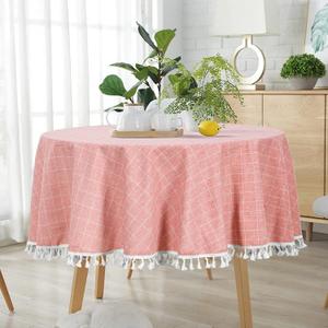 ShinyBeauty Round Tablecloth - Cotton Linen Table Cover - Wrinkle Free Dust-Proof - Buffalo Check - Holiday Table Linen - 55" - Blush Embroidery Tassel - For Home Kitchen Dining