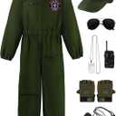 Fighter Pilot Costume for Kids Air Force Flight Suit Dress Up Halloween Career Day (12-14/160, Green(with Accessories)) Size: 12-14/160