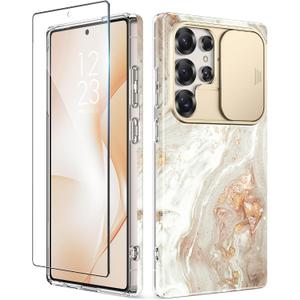 GVIEWIN for Samsung Galaxy S25 Ultra Case with Slide Camera Cover, [Screen Protector] [Shockproof Military Grade Drop Protection] Marble Slim Fit Hard PC Phone Cover S25 Ultra 6.9" 2025 (Pearlescent)