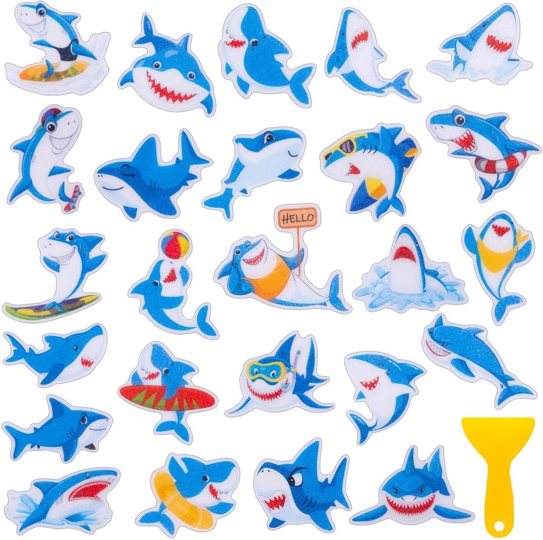 26Pcs Non Slip Bathtub Stickers, Cute Shark Stickers with Scraper