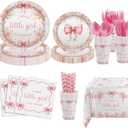 MEHOFOND Pink Bow Floral Baby Shower Party Decorations, Coquette Sweet Girl Paper Plates Cups and Napkins Set, Pastel Pink Bowknot Disposable Tablewares, Baby Girl Baby Shower Party Supplies, Serve 24