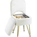 GREENSTELL Small Vanity Stool Chair with Storage and Folding Back, 13.4" x 15" x 30" Square Faux Fur Soft Ottoman, 4 Metal Legs with AntiSlip Feet, Furry Padded Seat for Makeup, Bedroom, White