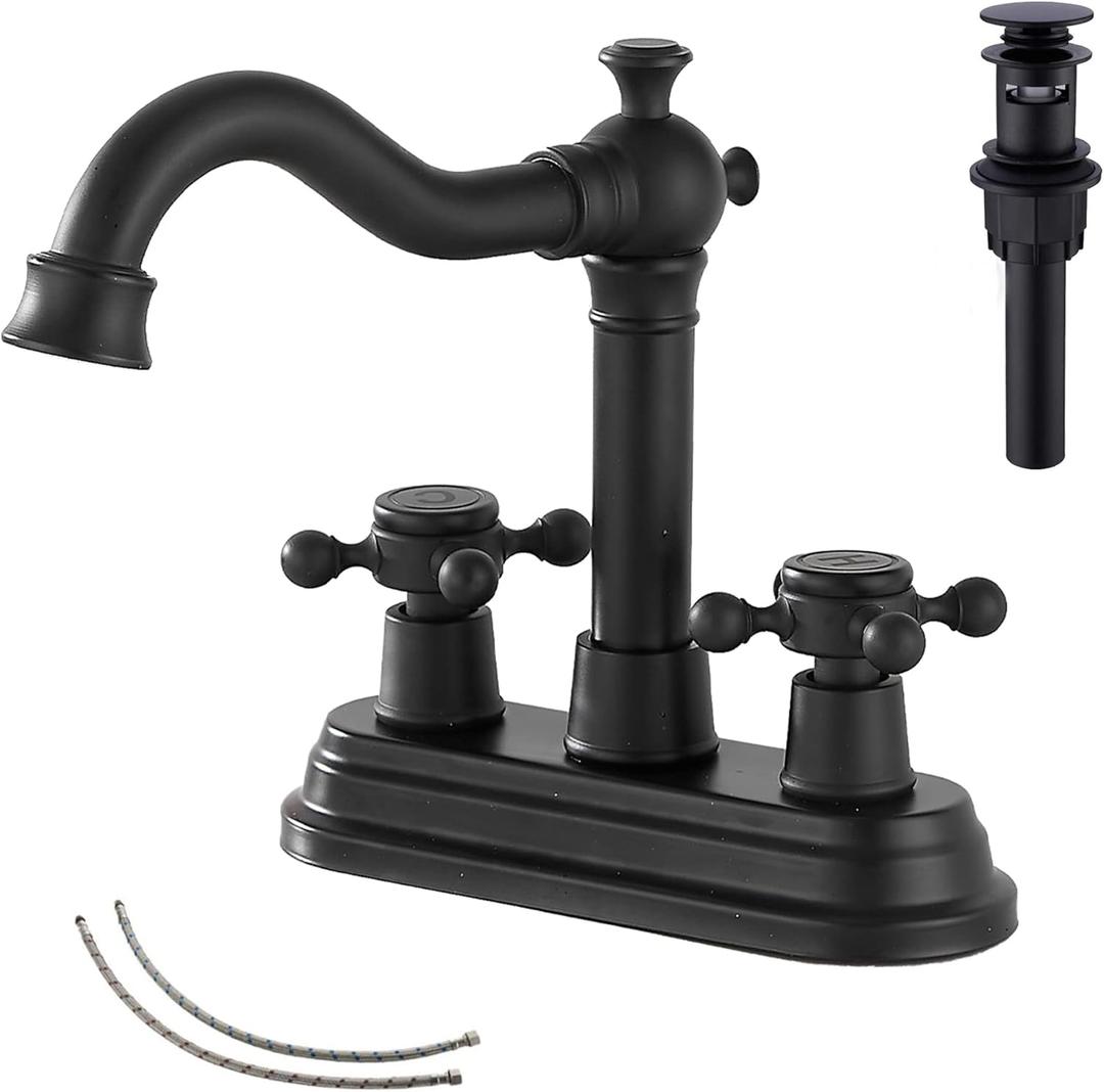 Bathroom Faucet Matte Black GGStudy 2 Handles 4 Inches Centerset Bathroom Vanity with Drain Assembly and Supply Hose Lavatory Faucet Mixer Double Handle Tap