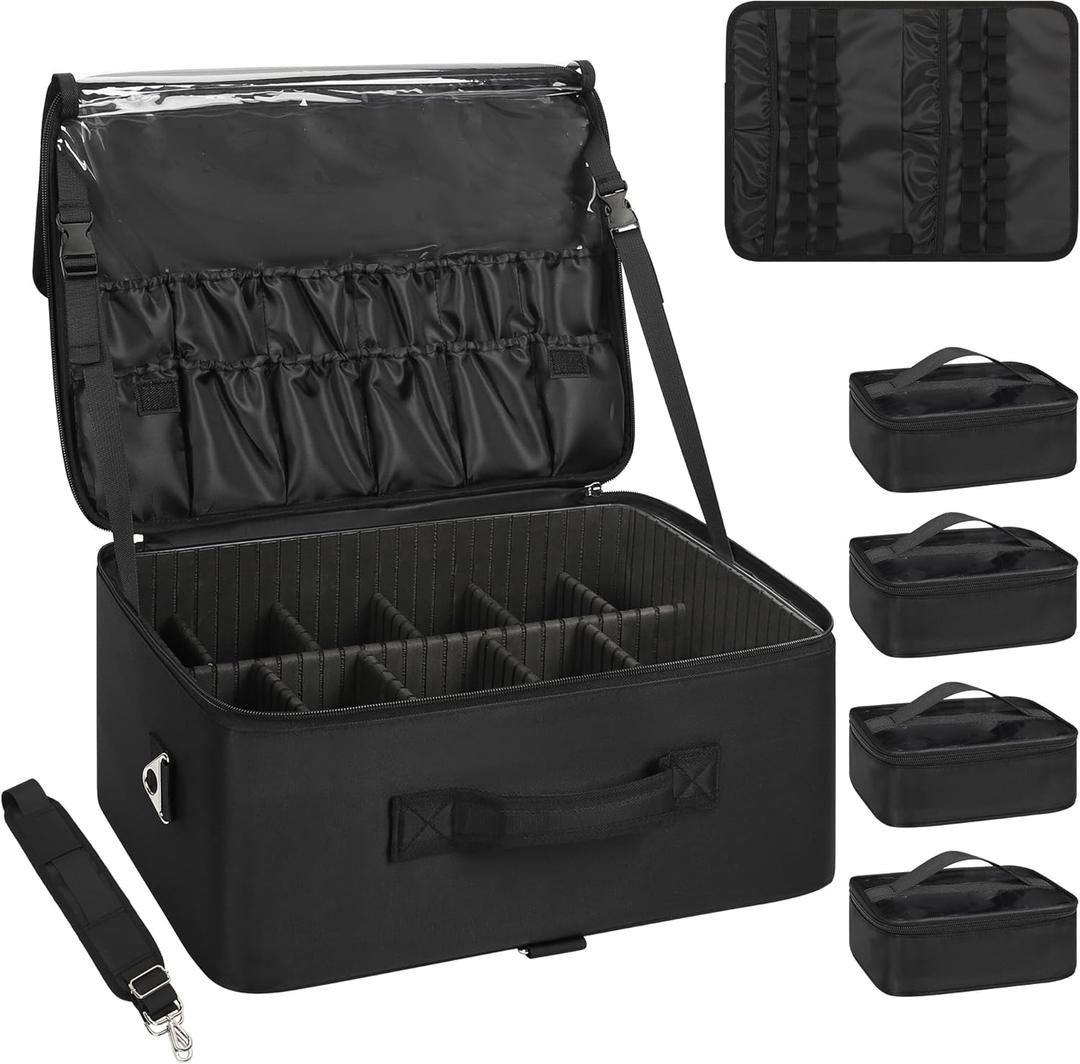 Relavel Extra Large Makeup Case Professional Cosmetic Storage Organizer Box Brush Holder with 4 Clear Set Bags & Lipstick Plate for Makeup Artists with Shoulder Strap & Adjustable Dividers