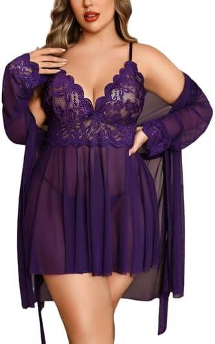 Avidlove Plus Size Lingerie Sexy Lingerie Set Women's Exotic Nightgowns Lace Chemise Lingerie Side Slit Nightdress, 20W Purple