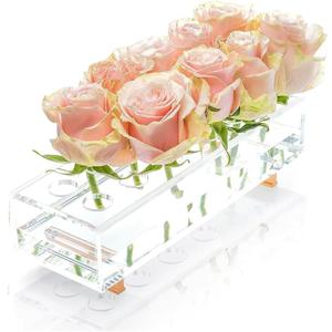 YoBa Acrylic Flower Vase Rectangular with Gold Plated Aluminum Legs, Clear Acrylic Flower Vase for Home Wedding Dining Table Decor, Gift for Your Loved Ones (Flowers not Included) (12 Holes)