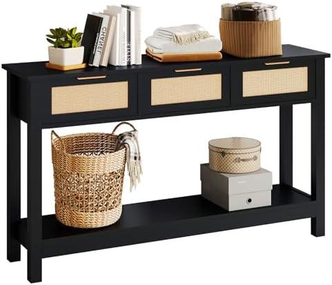 Amazon.com: Luoxiao Entryway Console Table with 3 Rattan Drawers - Long Sofa Table Behind Couch Modern Fluted Hallway Living Room Storage Cabinet, Entry Table Open Shelf Foyer Furniture, Anti-Tip, Black, 47 Inch : Home & Kitchen