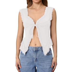 Milumia Women's Lace Trim Open Tie Front Tops Y2k Sleeveless Deep V Neck Going Out Tops (X-Large, All White)