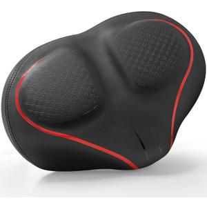 Xmifer Oversized Bike Seat - Comfortable Bicycle Saddle, Middle Groove Design, 2.95" Thick Memory Foam, Universal Fit Indoor Outdoor, Exercise or Road Bikes (Noseless Red)