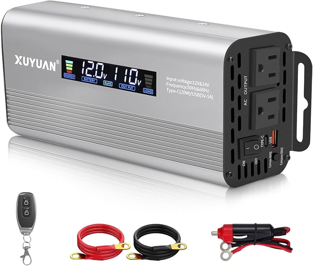 500W Pure Sine Wave Inverter, 12V/24V Auto-Detect, 50Hz/60Hz Switchable, LCD Display, Type-C Fast Charging, Silent Design, Overload & Overheat Protection for RV, Home